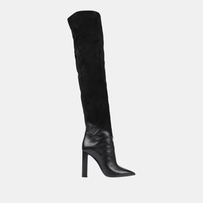Pre-owned Saint Laurent Leather And Suede Over The Knee Boots 39 In Black