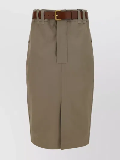 SAINT LAURENT LEATHER BELT COTTON MIDI SKIRT
