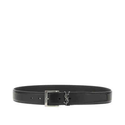 Saint Laurent Leather Belt With Cassandre Logo In Brown