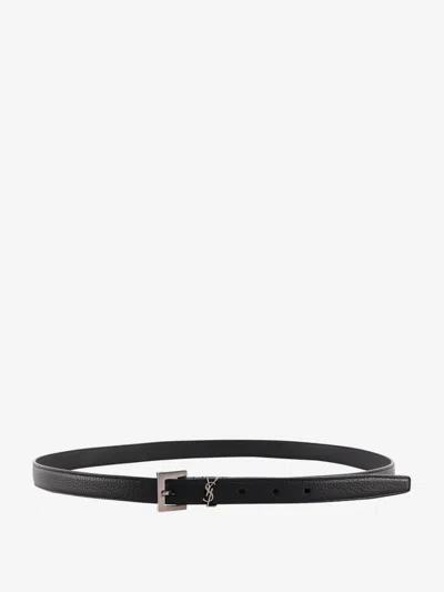 Saint Laurent Leather Belt With Metal Monogram In Black