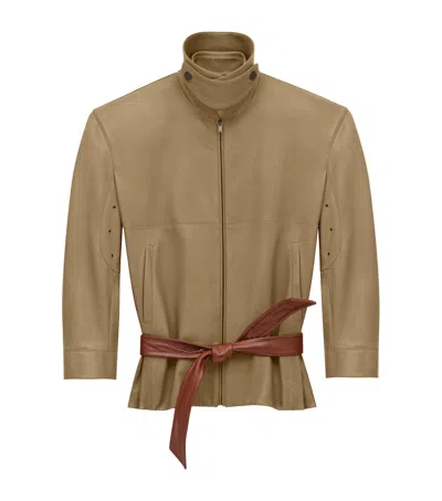 Saint Laurent Leather Belted Shirt Jacket In Brown