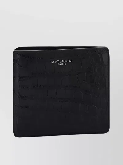 Saint Laurent Leather Bifold Billfold Wallet With Crocodile Embossing In Black
