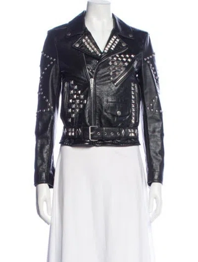 Pre-owned Saint Laurent Leather Biker Jacket In Blue