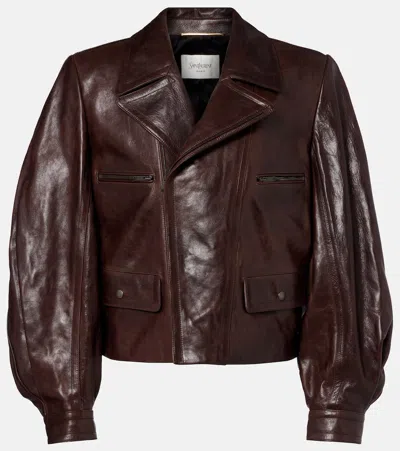 Saint Laurent Leather Biker Jacket In Burgundy