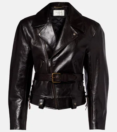 Saint Laurent Leather Biker Jacket In Brown
