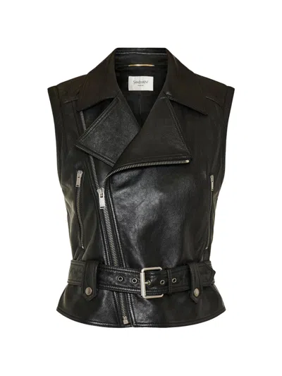 Saint Laurent Leather Biker Gilet Padded Shoulders Lace Up In Black