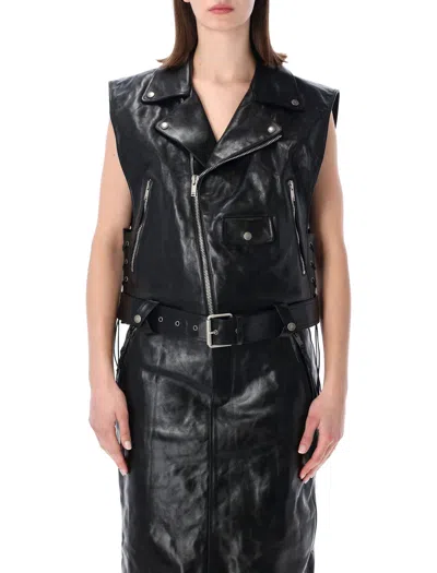 Saint Laurent Leather Biker Gilet Padded Shoulders Lace Up In Black