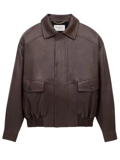 Saint Laurent Leather Blouson In Brown