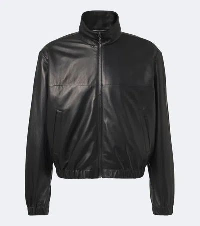 Saint Laurent Leather Bomber Jacket Stand Collar Patch Pockets In Black