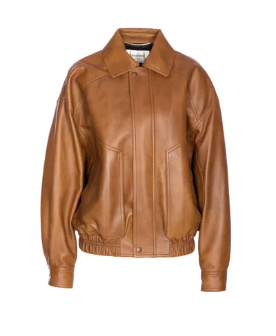 Saint Laurent Leather Bomber Jacket Collared Design In Brown