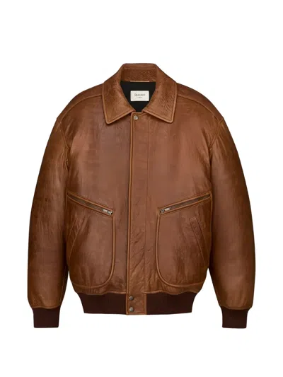 Saint Laurent 레더 봄버 재킷 In Brown