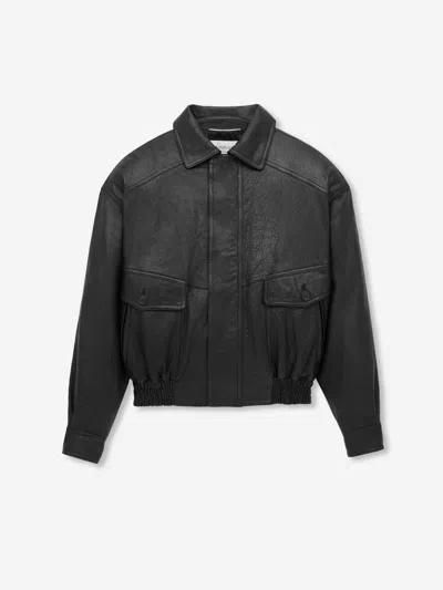 Saint Laurent Leather Bomber Jacket In Black