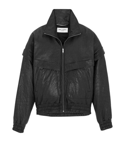 Saint Laurent Leather Bomber Jacket In Black