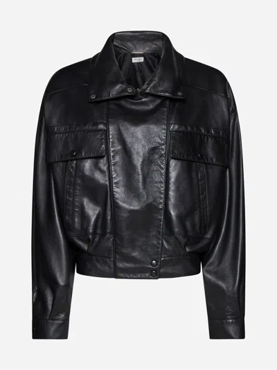 Saint Laurent Leather Bomber Jacket In Black
