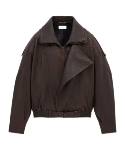 Saint Laurent Leather Bomber Jacket In Black