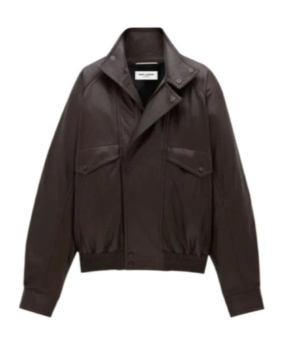 Saint Laurent Leather Bomber Jacket In Black