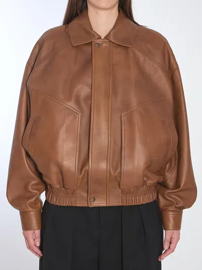 Saint Laurent Leather Bomber Jacket Collared Design In Brown