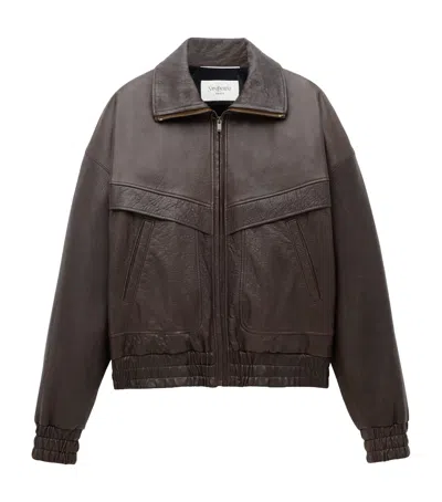 Saint Laurent Leather Bomber Jacket In Brown