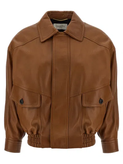 Saint Laurent Leather Bomber Jacket In Brown