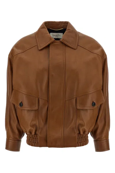 Saint Laurent Leather Bomber Jacket Puffer Jackets Brown In Multi