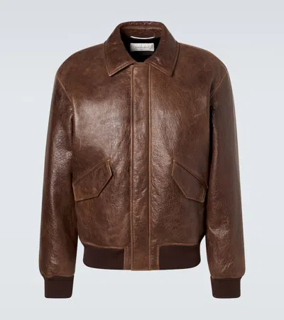 Saint Laurent Leather Bomber Jacket In Brown