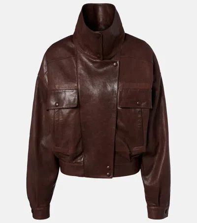 Saint Laurent Leather Bomber Jacket In Brown