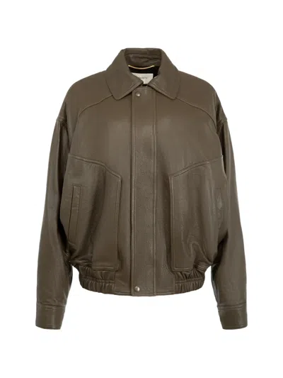 Saint Laurent Leather Bomber Jacket In Brown
