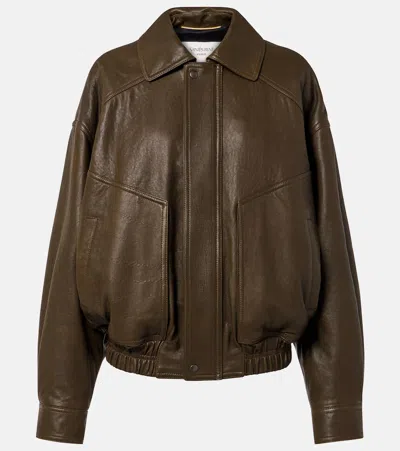 Saint Laurent Leather Bomber Jacket In Green