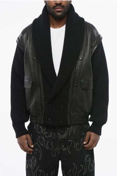 Saint Laurent Leather Bomber With Knitted Sleeves And Collar