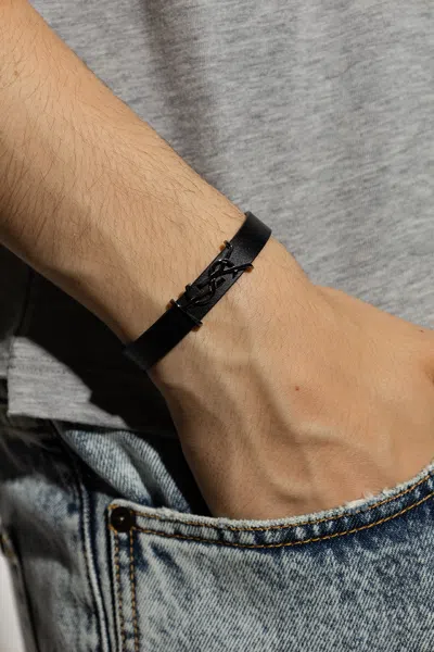 Saint Laurent Leather Bracelet With Logo In Black