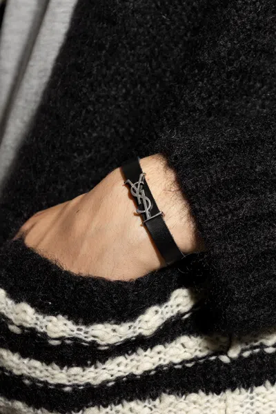 Saint Laurent Leather Bracelet With Logo In Black