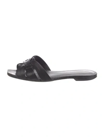 Pre-owned Saint Laurent Leather Braided Accents Slides In Black