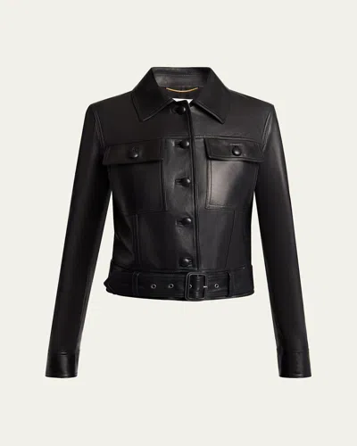 Saint Laurent Leather Button Down Jacket In Noir