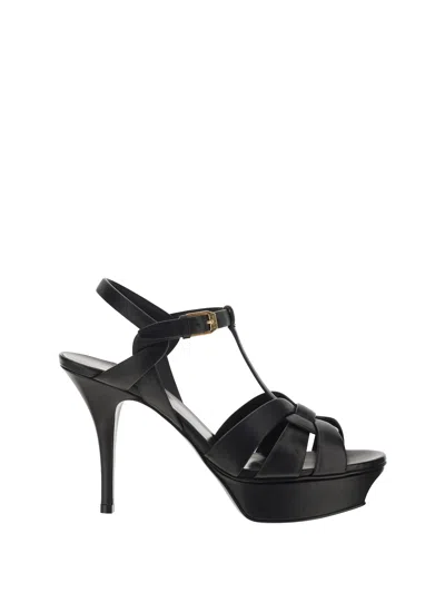 Saint Laurent Leather Cage-strap Platform Heel Sandal In Black