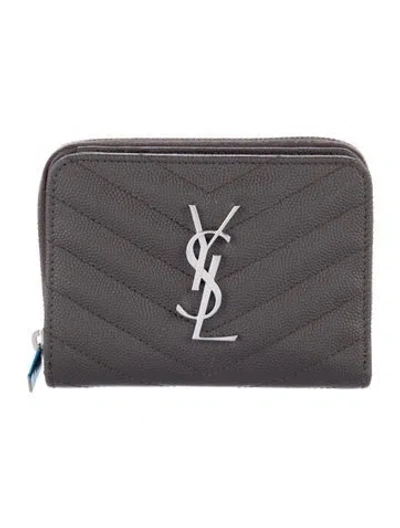 Pre-owned Saint Laurent Leather Card Holder Chevron Compact Wallet In Gray