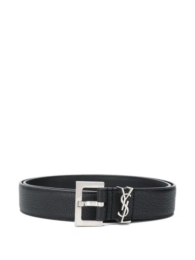 Saint Laurent Grained Leather Cassandre Thin Belt With Square Buckle Accessories In Black
