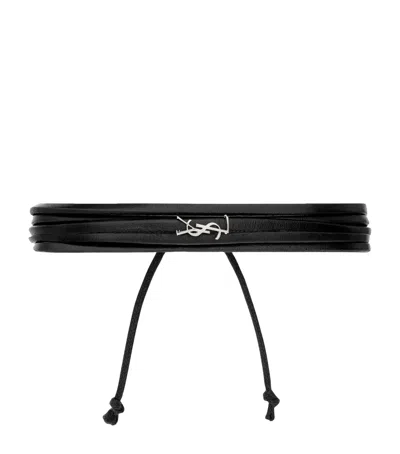 Saint Laurent Leather Cassandre Bracelet In Black