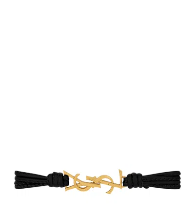 Saint Laurent Leather Cassandre Bracelet In Black
