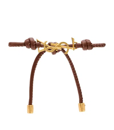 Saint Laurent Leather Cassandre Bracelet In Brown