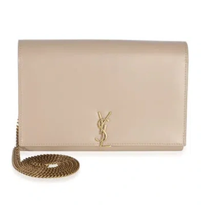 Pre-owned Saint Laurent Leather Cassandre Chain Clutch Small In Neutral
