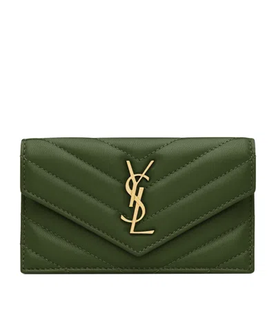 Saint Laurent Leather Cassandre Fragments Flap Card Holder In Green