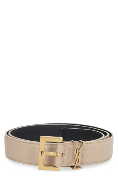 Saint Laurent Leather Cassandre Logo Belt In Neutral