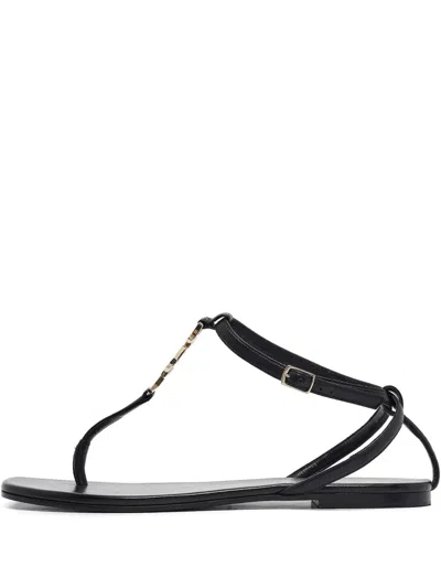Pre-owned Saint Laurent Leather Cassandre-logo Sandals In Black