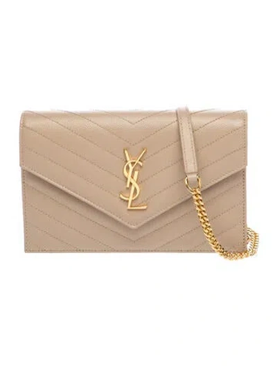 Pre-owned Saint Laurent Leather Cassandre Wallet On Chain 2024 In Neutrals