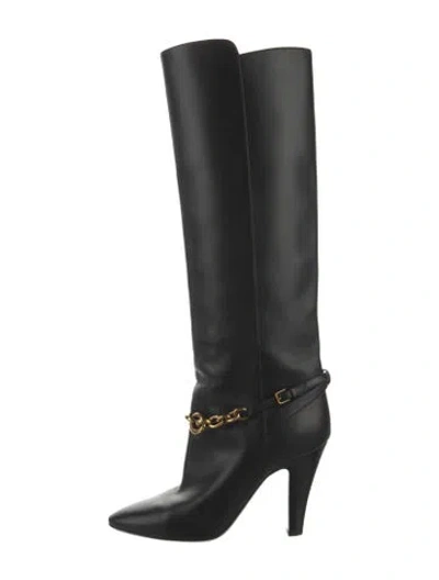 Pre-owned Saint Laurent Leather Chain-link Accents Boots In Black