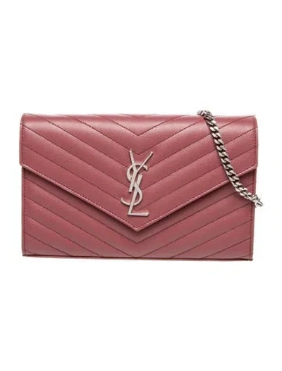 Pre-owned Saint Laurent Leather Classic Monogram Envelope Wallet On Chain In Pink