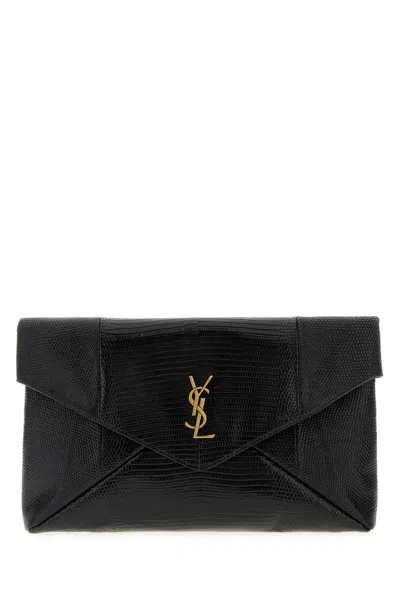 Saint Laurent Leather Clutch Bag With Reptile Exterior Lining, 28 X 20 X 4 Cm In Black