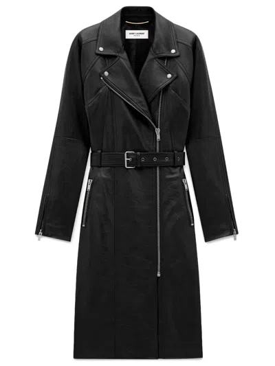 Saint Laurent Leather Coat In Black