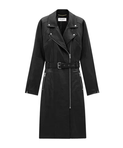 SAINT LAURENT SAINT LAURENT BELTED ZIP DETAILED BIKER COAT