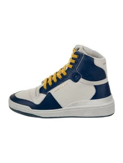 Pre-owned Saint Laurent Leather Colorblock Pattern Wedge Sneakers In Blue